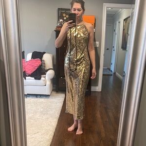 Zara Elegant Gold animal print Women's Dress Size L NWT